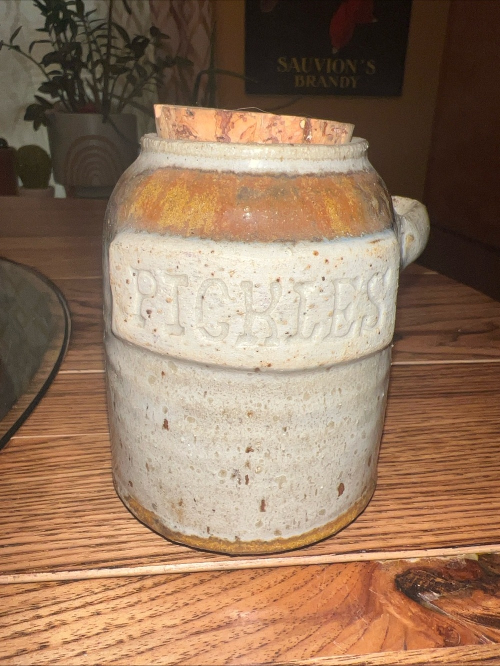 Golden Age Pottery Pickle Crock With A Clay Handle And Cork Lid 5.25” Tall